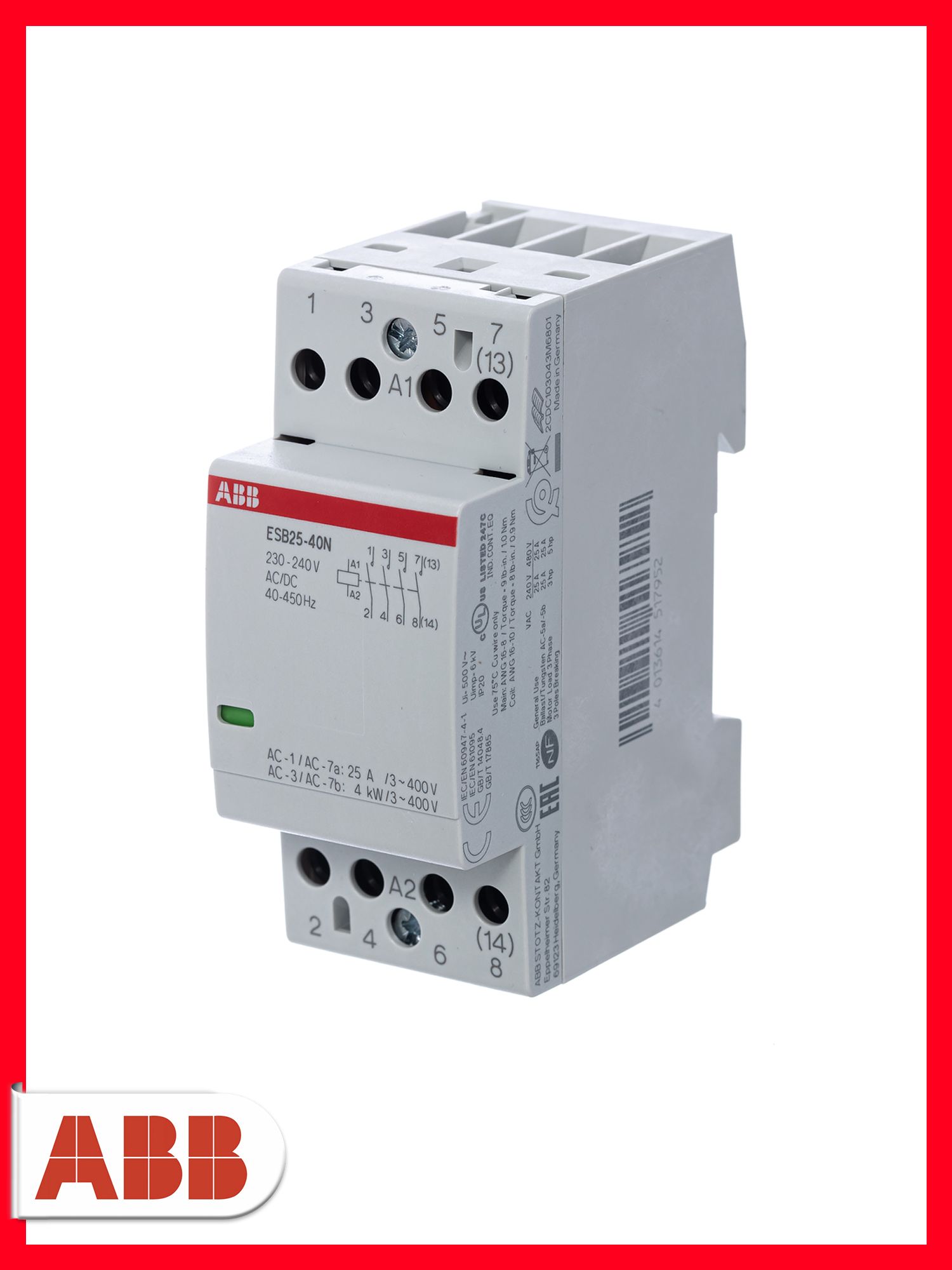 Модульный контактор ABB ESB25-40N-06, 25А 4НО, катушка 230B 1SAE231111R0640