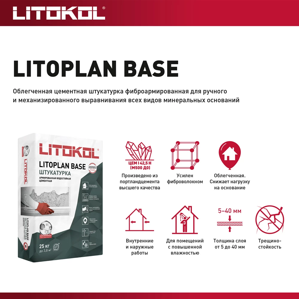 Штукатурка цементная Litokol Litoplan Base водостойкая армированная 25 кг