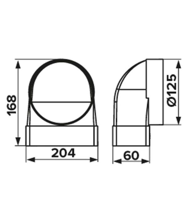 Соединитель угловой пластиковый для плоских воздуховодов 60х204 мм 90° с круглыми d125 мм прямое соединение