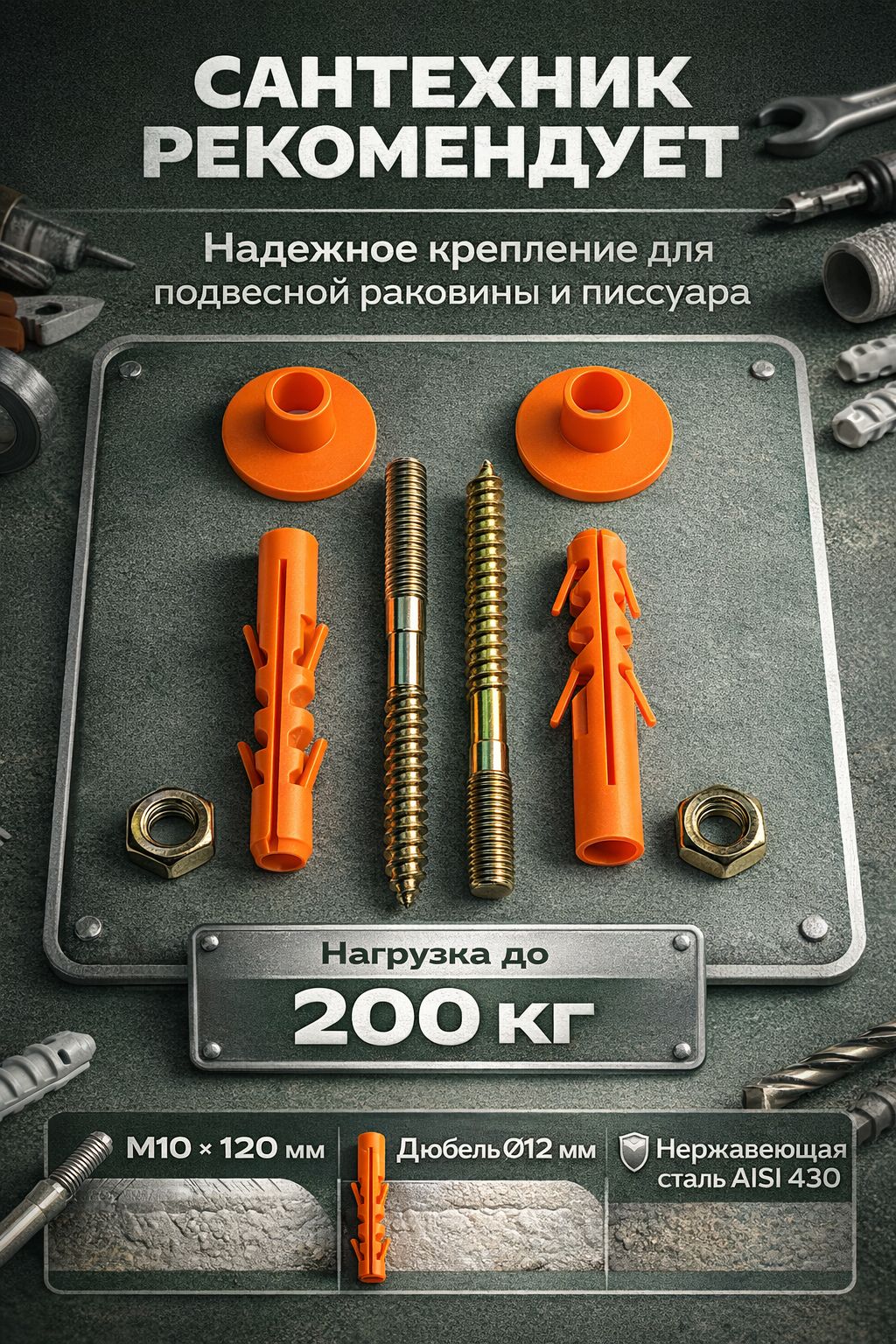 Крепление для раковины к стене М10 120 мм с дюбелем 12 мм нержавеющая сталь AISI 430, усиленное крепление для подвесной раковины в ванной и на кухне