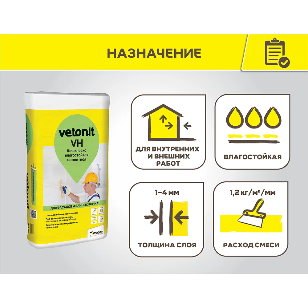 Шпаклевка цементная Weber.vetonit VH для влажных помещений белая 20 кг
