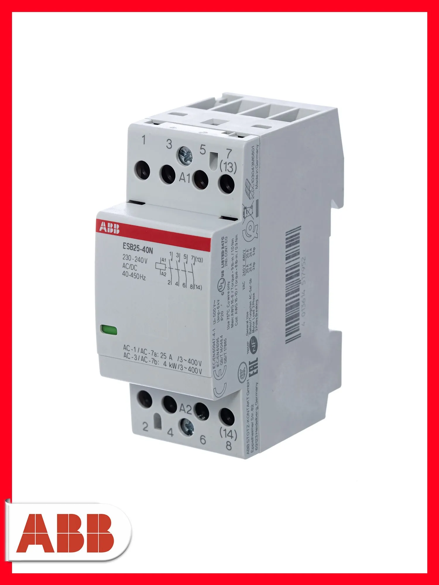 Модульный контактор ABB ESB25-40N-06, 25А 4НО, катушка 230B 1SAE231111R0640