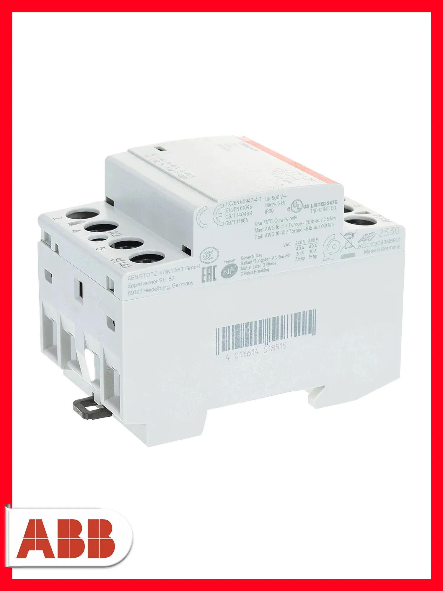 Модульный контактор ABB ESB40-40N-06, 40А 4НО, катушка 230В 1SAE341111R0640