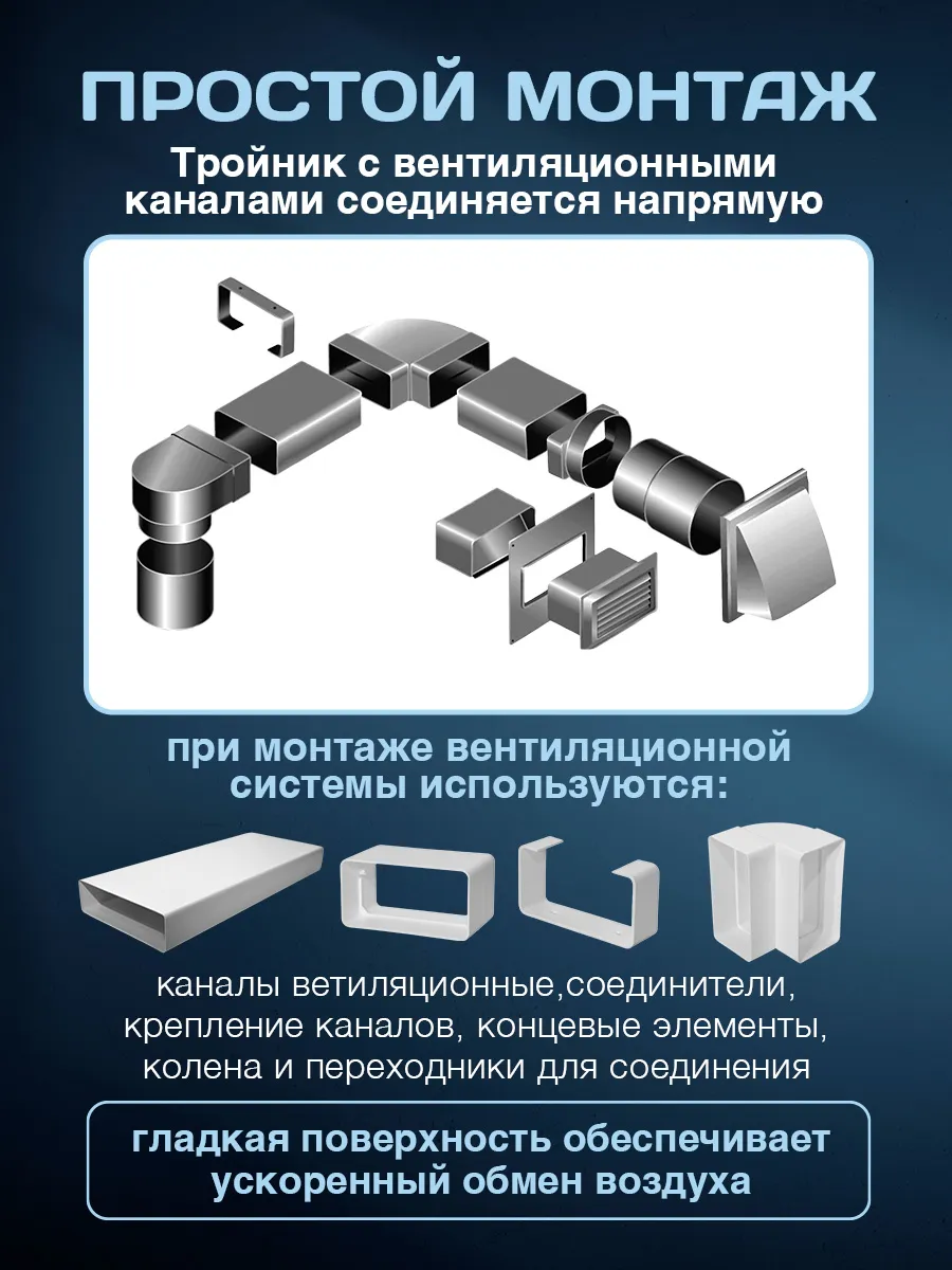 Тройник прямоугольный для вентиляции соединитель, Ва Вент, 55 х 110 мм , полистирол ударопрочный, плоский белый