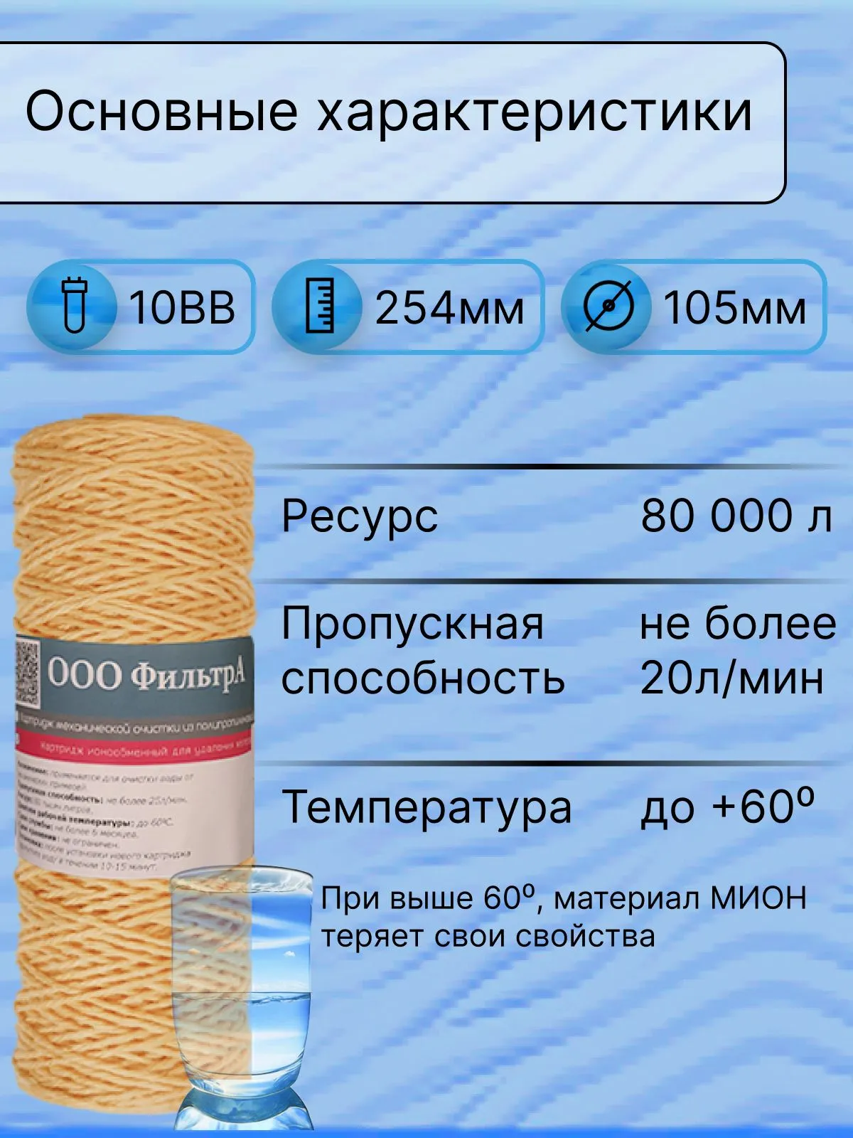 Картридж комбинированный 10BB(K-G) двухслойный из вспененного полипропилена 5 мкм и нитяной из нити МИОН 10 мкм, "ФильтрА", для механической очистки, обезжелезивающий, веревочный, намоточный