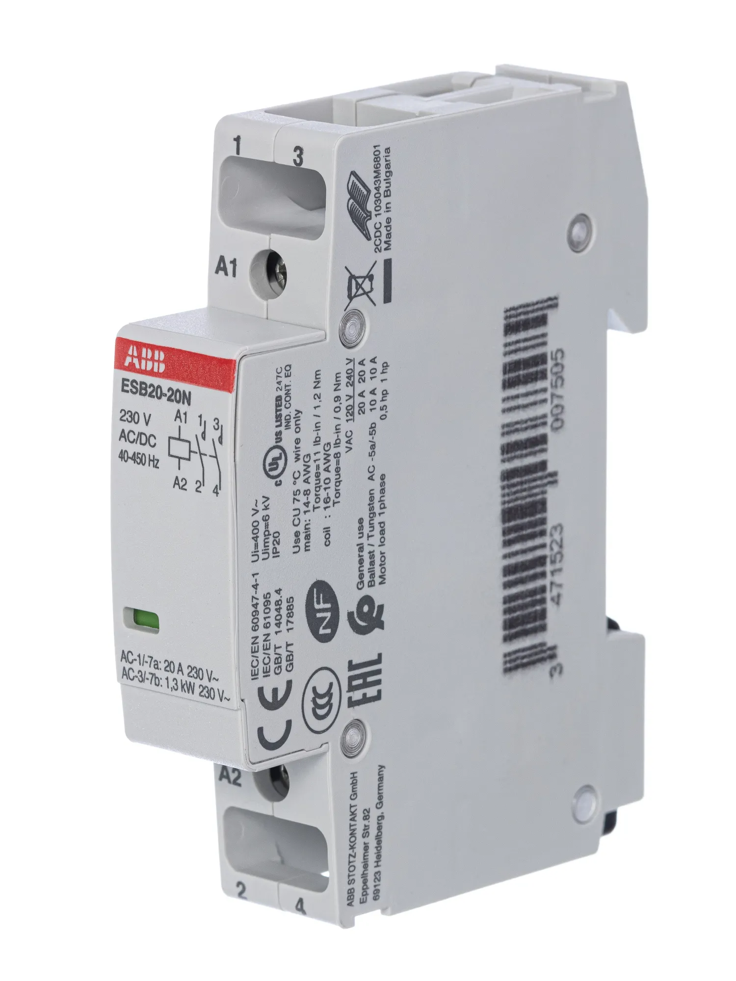 Контактор модульный ABB 1SBE121111R0620 20А 220В 2P IP20, 1шт.